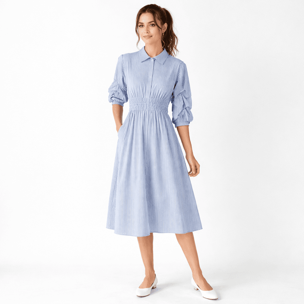 Shirred Waist Puff Sleeve Stripe Cotton Dress