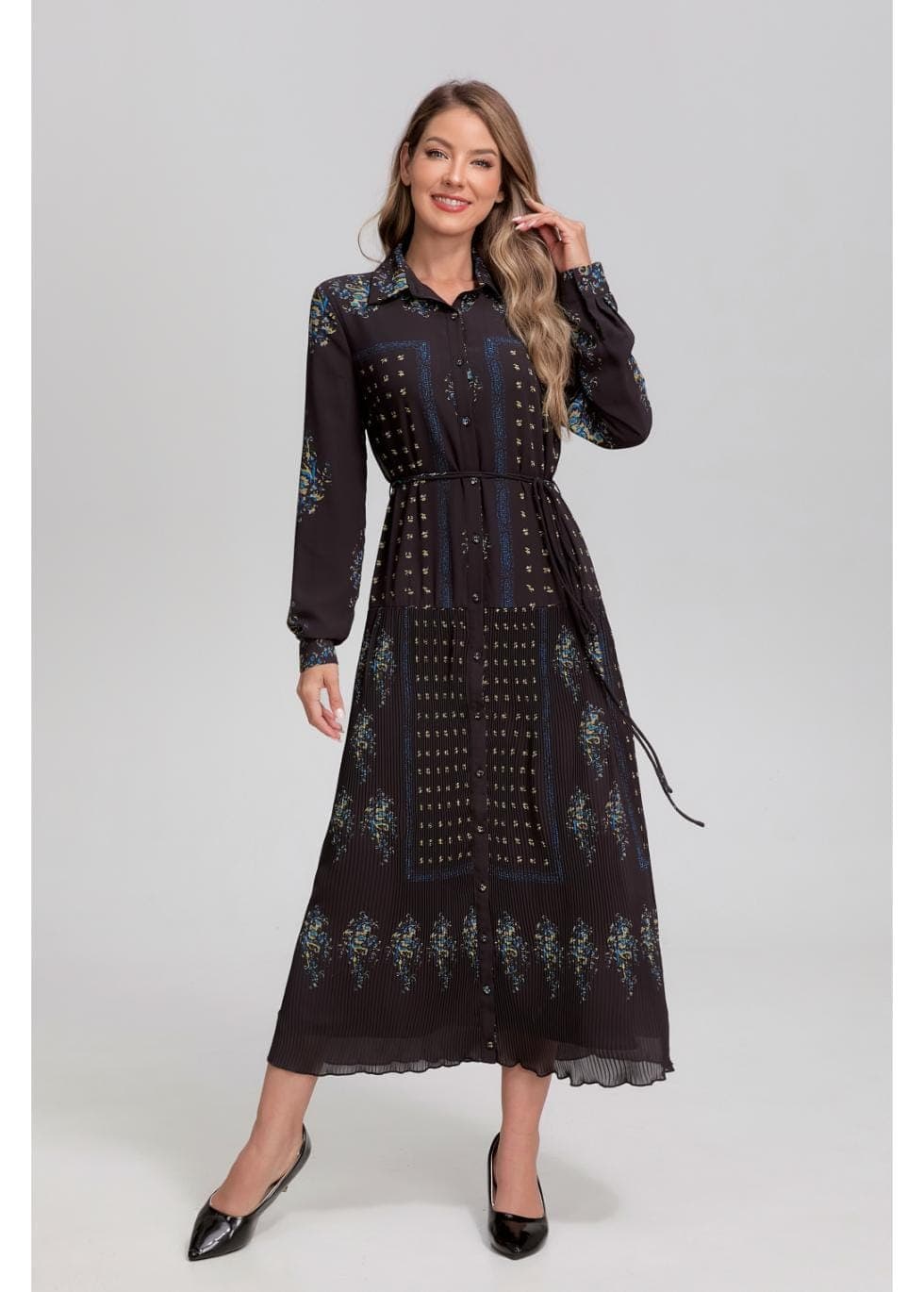 Noir Mosaic Button-front Midi Dress