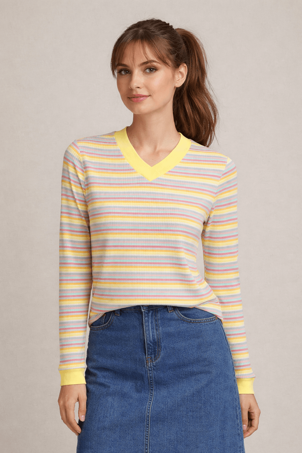Striped V Neck Contrast Tee